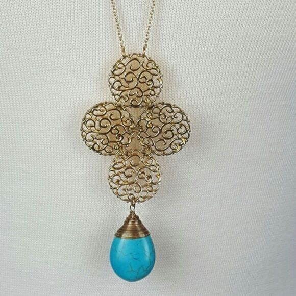 Women's Golden Tone Long Necklace with Turquise Stone Bohemian - Picture 2 of 2